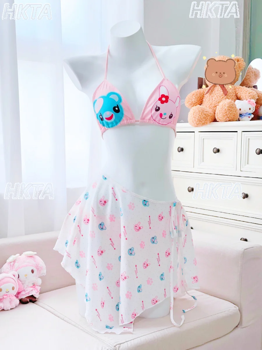 Japanese Two Dimensional Cute Cartoon Letter Print Neck V Neck Bikini Summer Vacation Strap Sexy Swimsuit Two Piece Suits Women