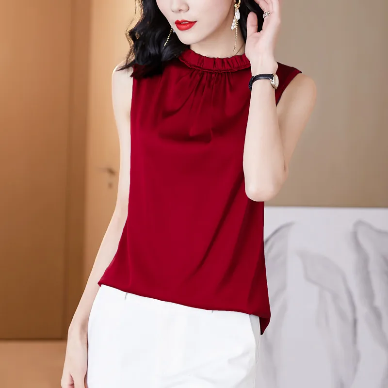 Korean sweet elegant versatile ice silk shirts Plus size lotus leaf collar Acetate satin Vest Tops office lady chiffon tanks