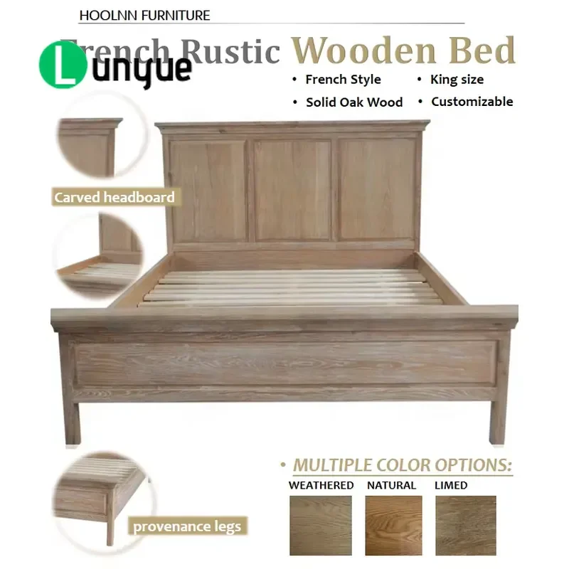 French Vintage Country Antique Luxury Solid Oak Queen Bed Frame Classic Wooden Bedroom Furniture Elegant Durable Home Decor