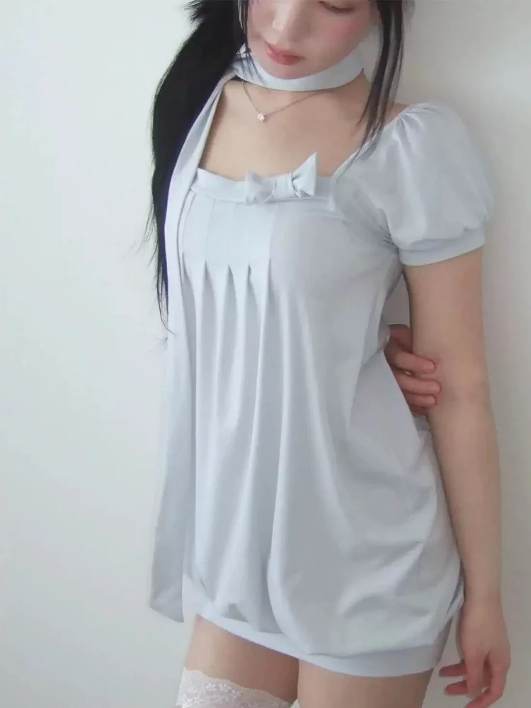 

Summer Grey Doll Top Women's Ruffle Shirt with Bow Details Fluffy Sleeves and Wrinkle Design, Two Wear Method, Unique Dress