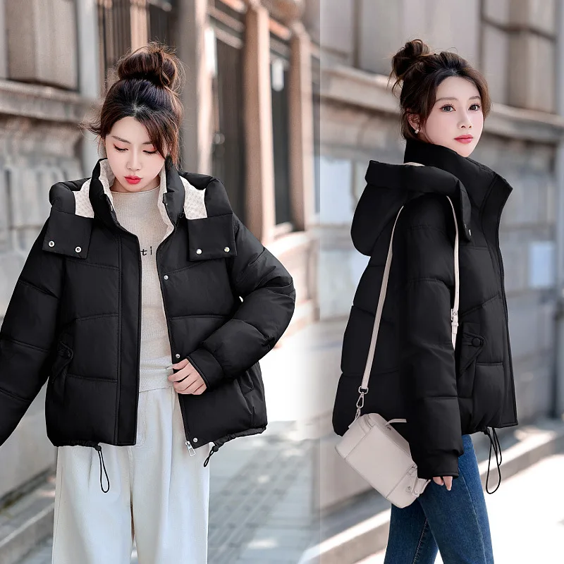Women Short Hooded Parkas Coat Oversize Jacket Solid Drawstring Hem Zipper Detachable Loose Thick Casual Office Lady 2025 Winter