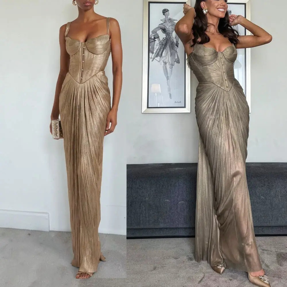 Elegant Pleated Gold Metallic Dress Women Summer Sleeveless Split Hem Lace Up Bodycon Sexy Evening Party Casual Long Gowns