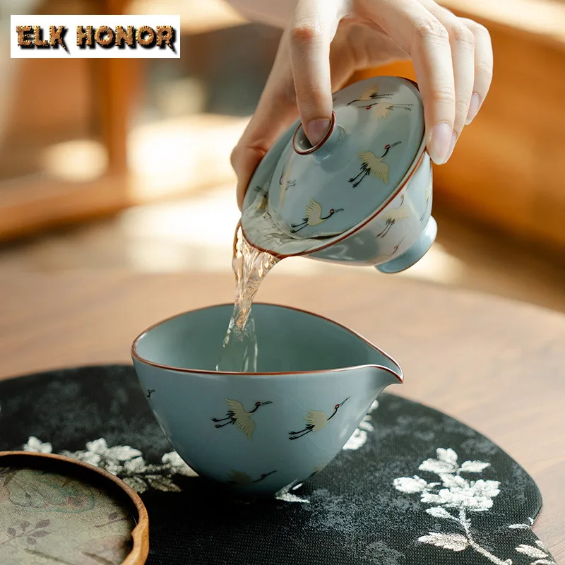 110ml Ru Kiln Return Of The Crane Gaiwan Elegant Tea Tureen Tea Bowl With Lid Kit Tea Brewing Cover Bowl Cafes Accessories Craft