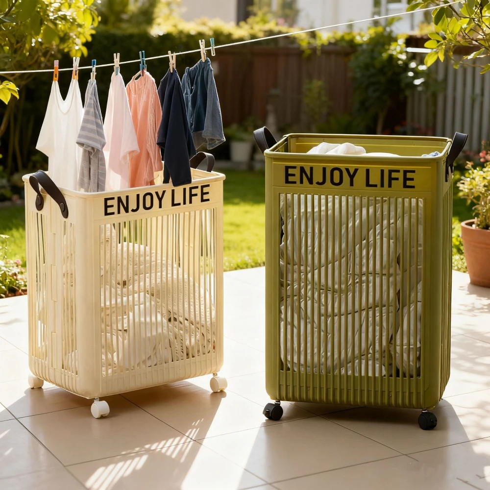 Foldable Laundry Basket with Wheels Large‑Capacity Dirty Clothes Storage Basket Hollow‑Out Plastic Household Organizer
