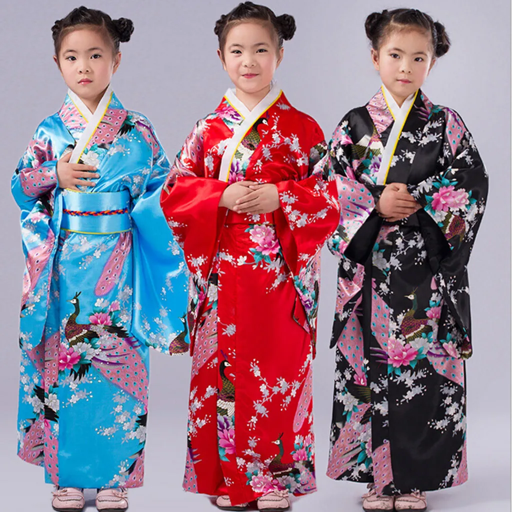 4-10 Year Loose Style Japanese Satin Peacock Print Dress Toddler Kids Baby Girls Outfits Clothes Kimono Robe Traditional Costume