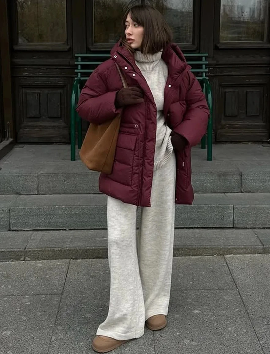 

2025 Winter Women Wine Red Hooded Puffer Coat Drawstring Waist Zipper Warm Bread Jacket Outerwear