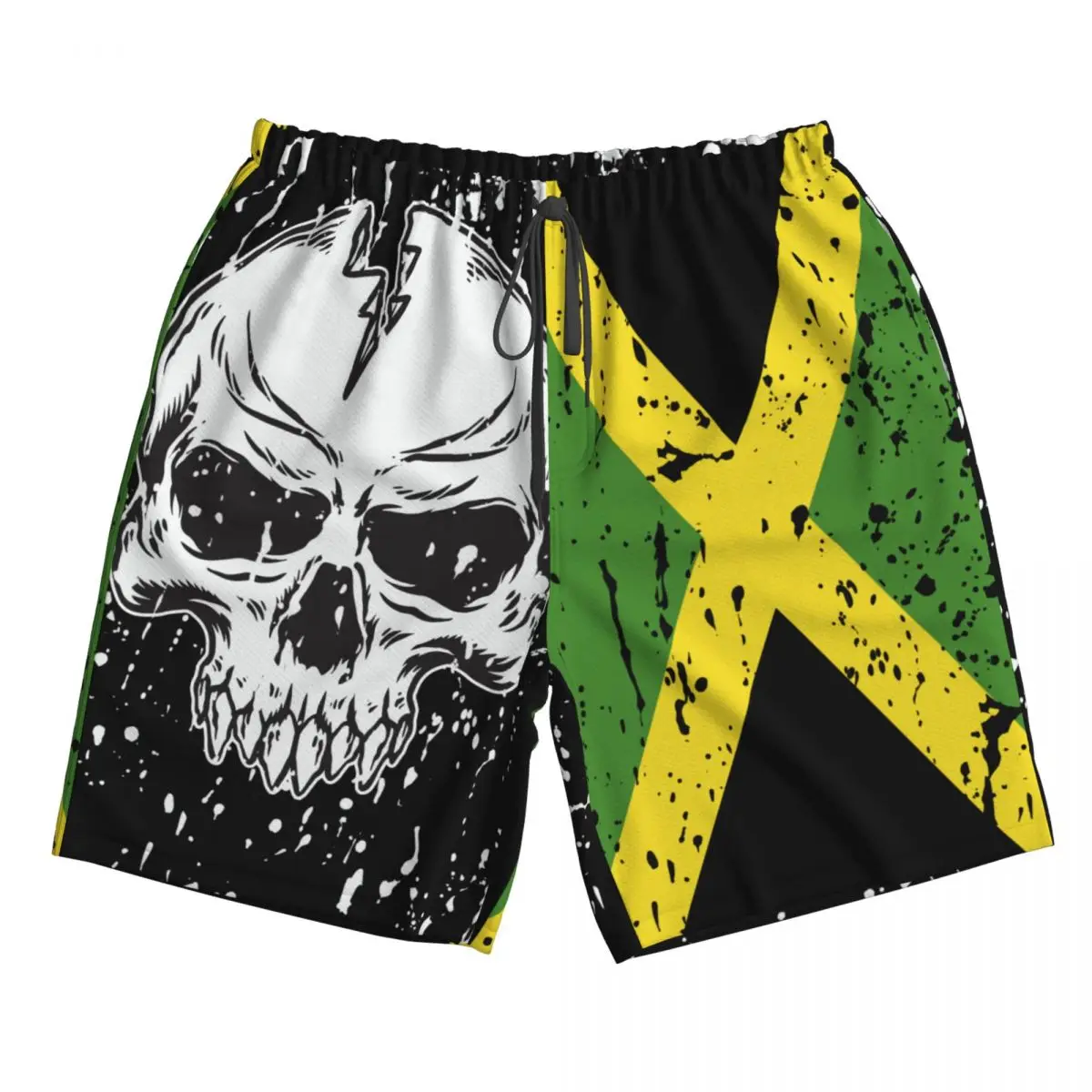 Jamaica Flag Vintage Skull Men's Novelty Swimtrunks Quick Dry 3D Printed Mesh Lining Beach Board Shorts with Pockets