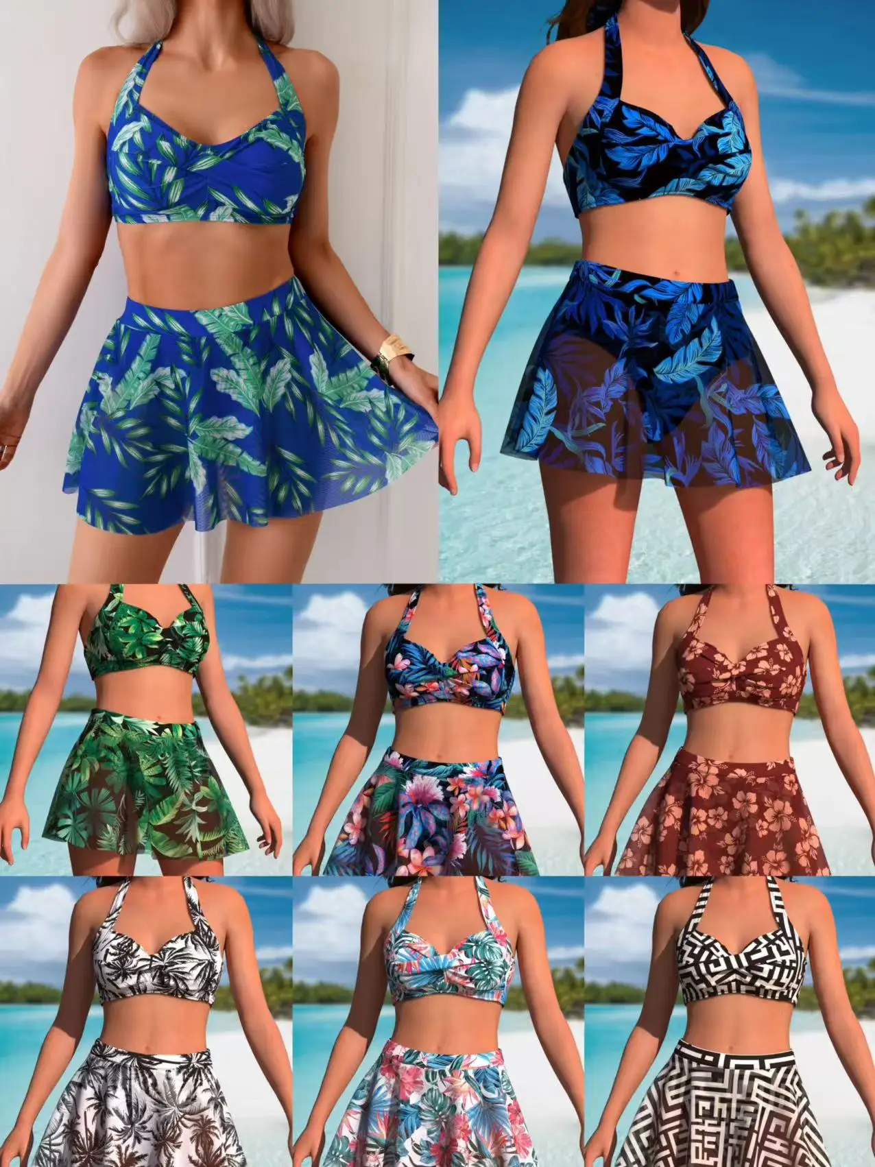 

2026 New Summer Women's Tank Top Quadrangle Pants Two Piece Swimwear White Flower Print Sexy Holiday Beach Set S-2XL