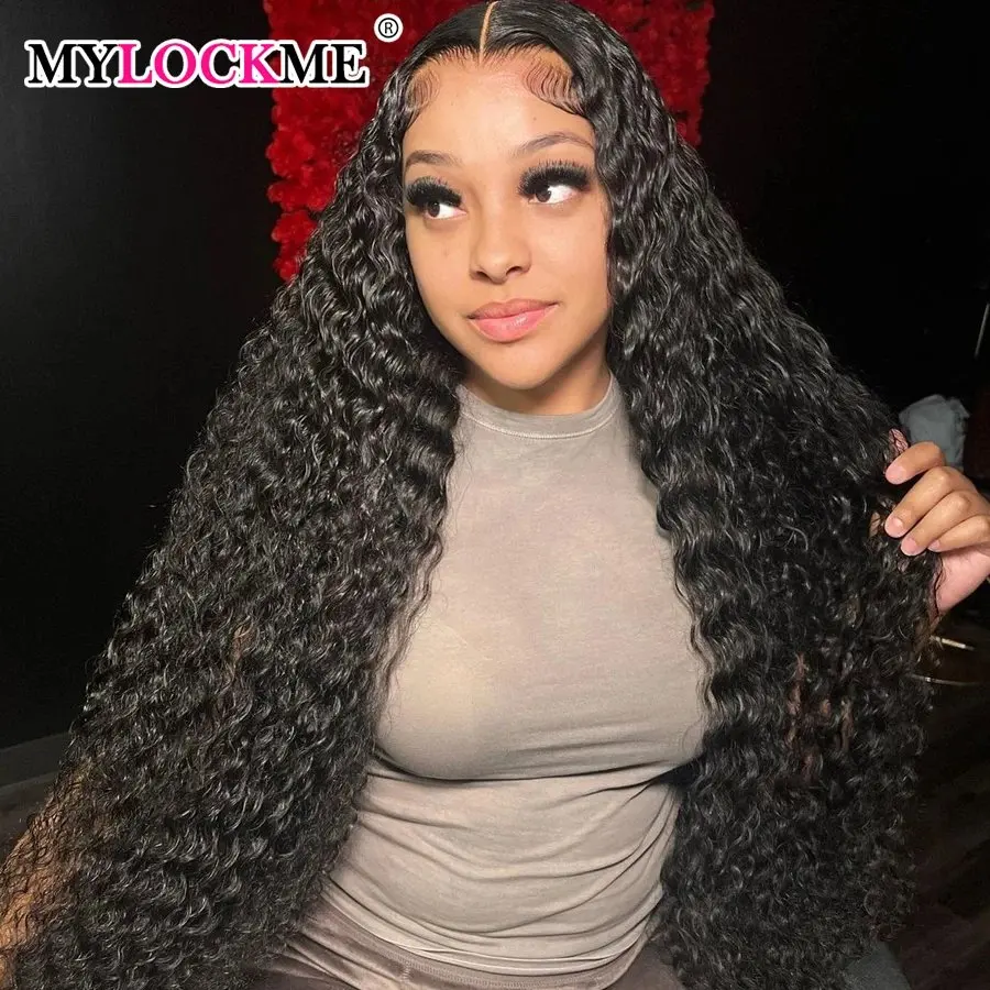 Natural Black 180 Density 13x6 HD Lace Forehead Wig Deep Wave 20 Inch Transparent Human Hair Curly High Quality Women  Wig