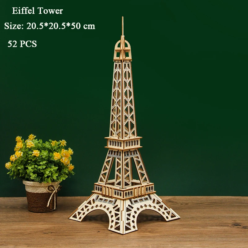 3D Wooden Puzzle Eiffel Tower Beijing Temple Yueyang Tower Model Building Kits Jigsaw Puzzles Educational Toys for Kids Gifts