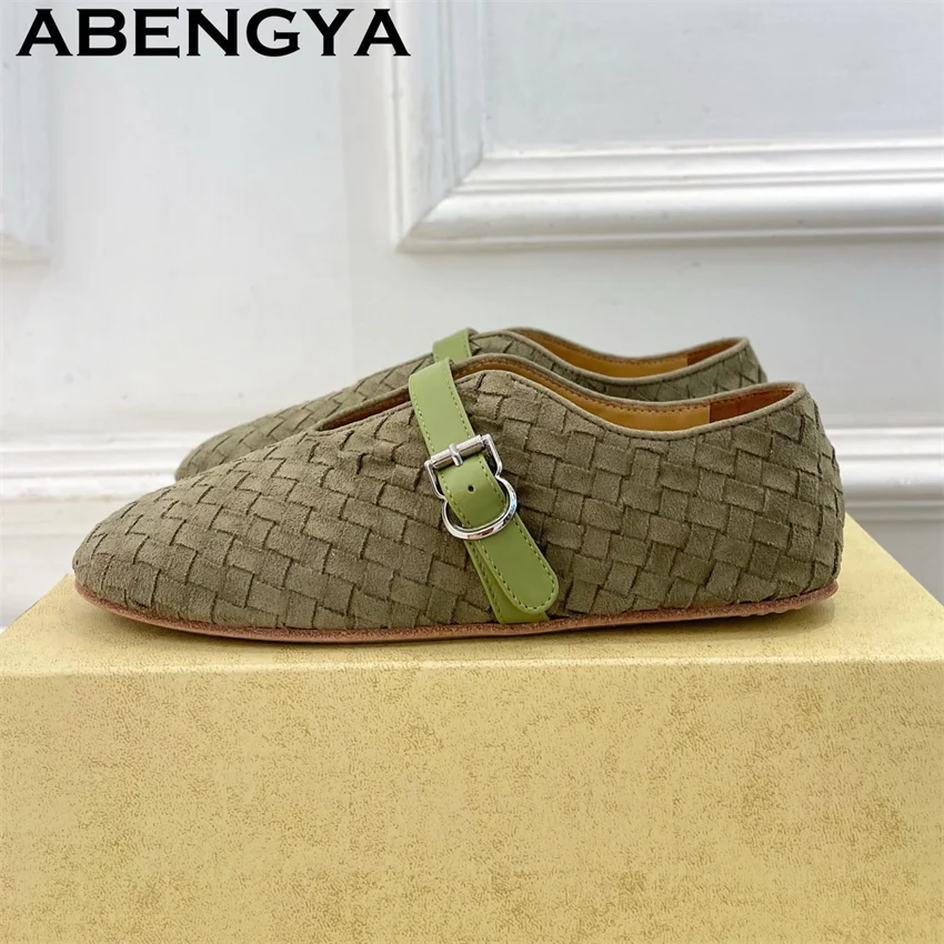 Suede Leather Knitted Flat Simple Shoes Women's Round Toes Shallow Mouth Casual Walk Shoes Summer Fashion Loafers Shoes Mujer