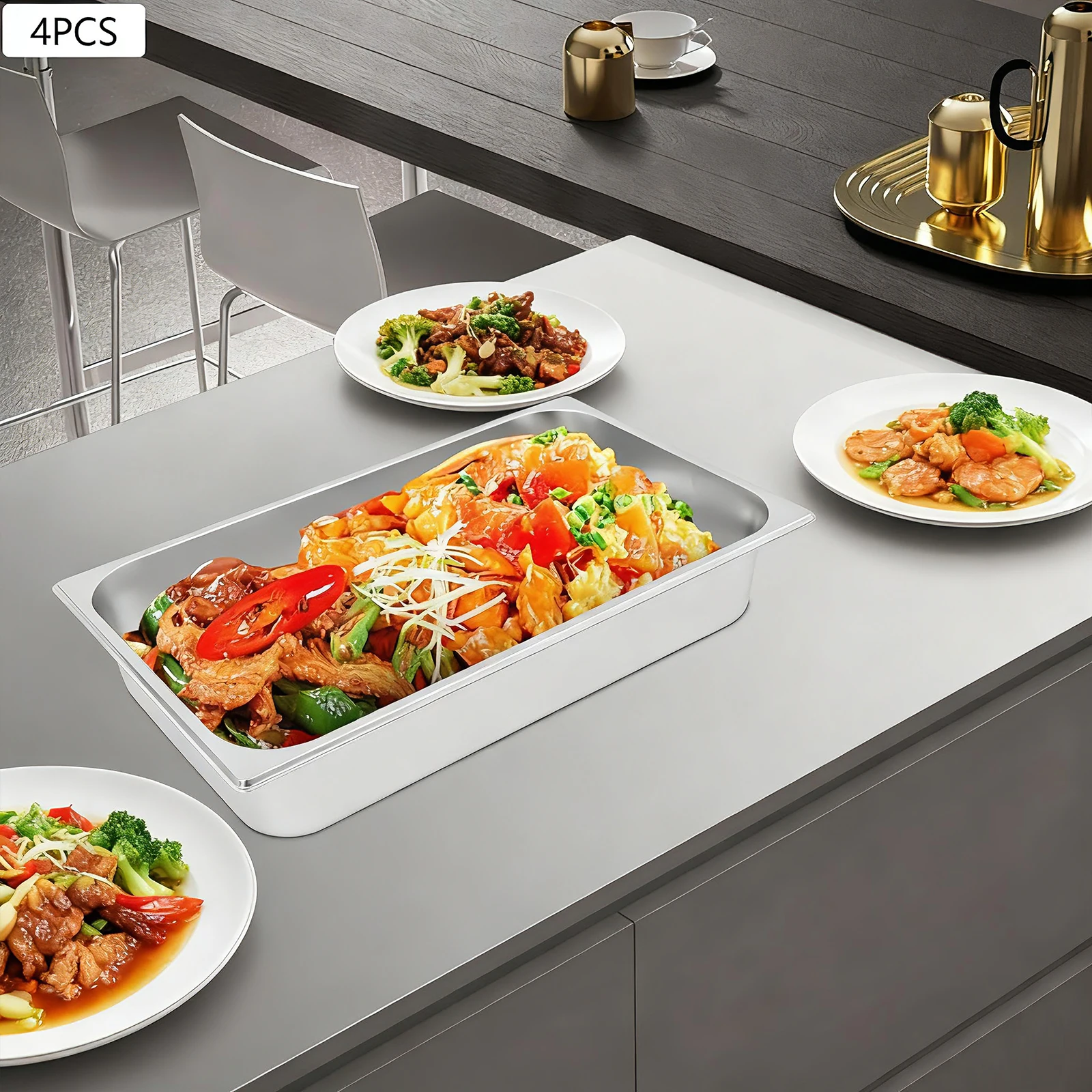 

Silver Stainless Steel 33*27*10cm Four-piece Dinner Plate with Cover, Sealed and Insulated, Multi-layer Stacked Preparation Tray