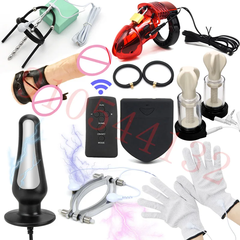 Electric Shock Anal/Penis Plug Cock Cage/Ring Nipple Sucker Clamp Labia Clip Massage Gloves SM Electro Stimulator Adult Sex Toys