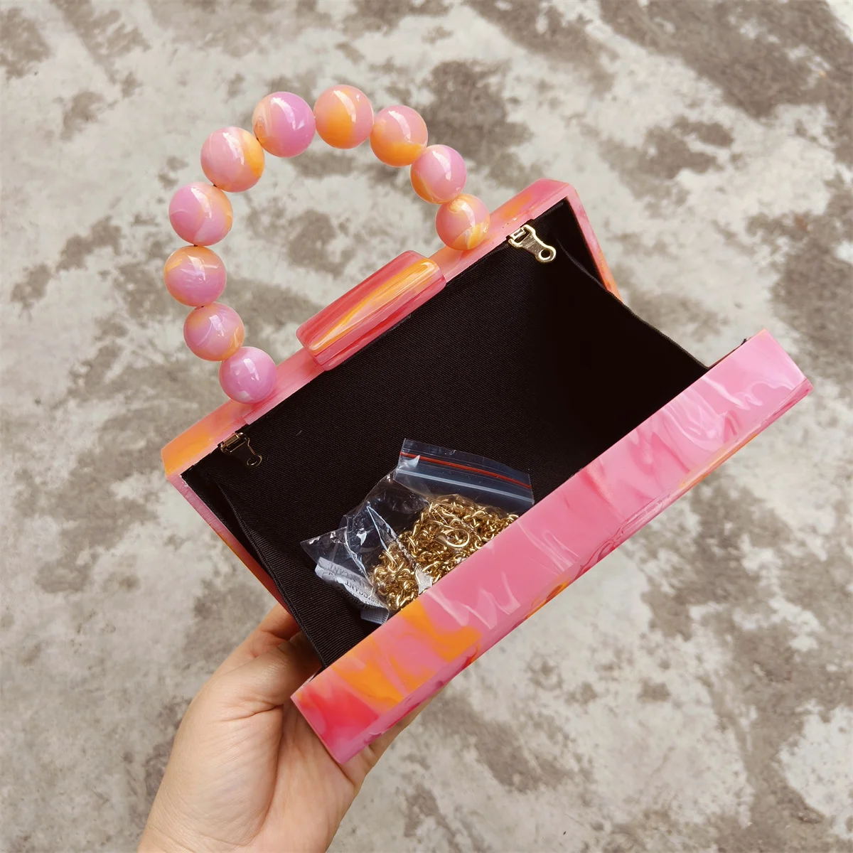 Marble Colorful Bright Orange Acrylic Box Clutches Women Shoulder Chain Messenger Beaded Tote Bag Wedding Evening Flap Handbags