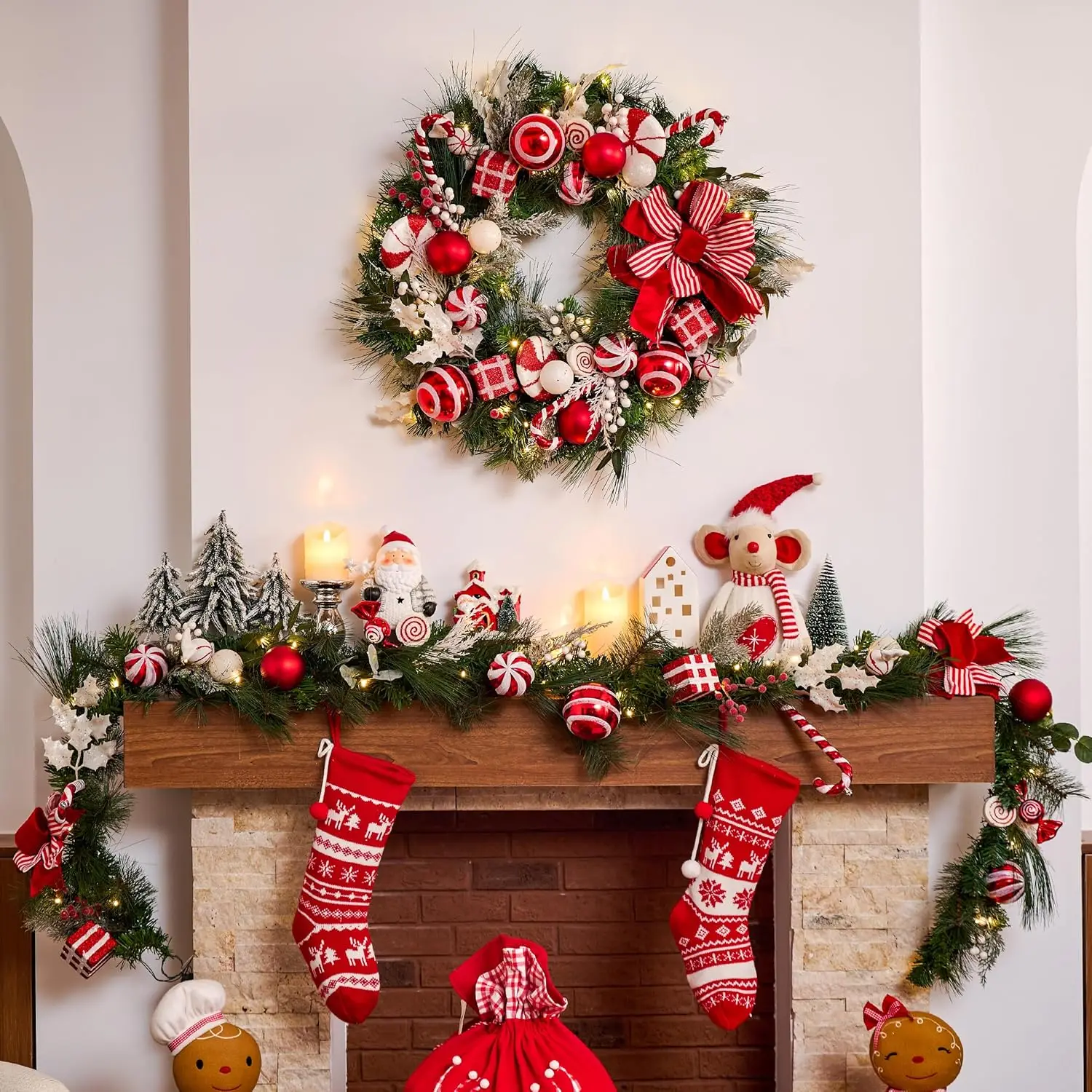 30 Inch Pre-Lit Christmas Wreath for Front Door with Lights, Large Candy Cane Lighted Christmas Wreath with Red White Xmas Ball