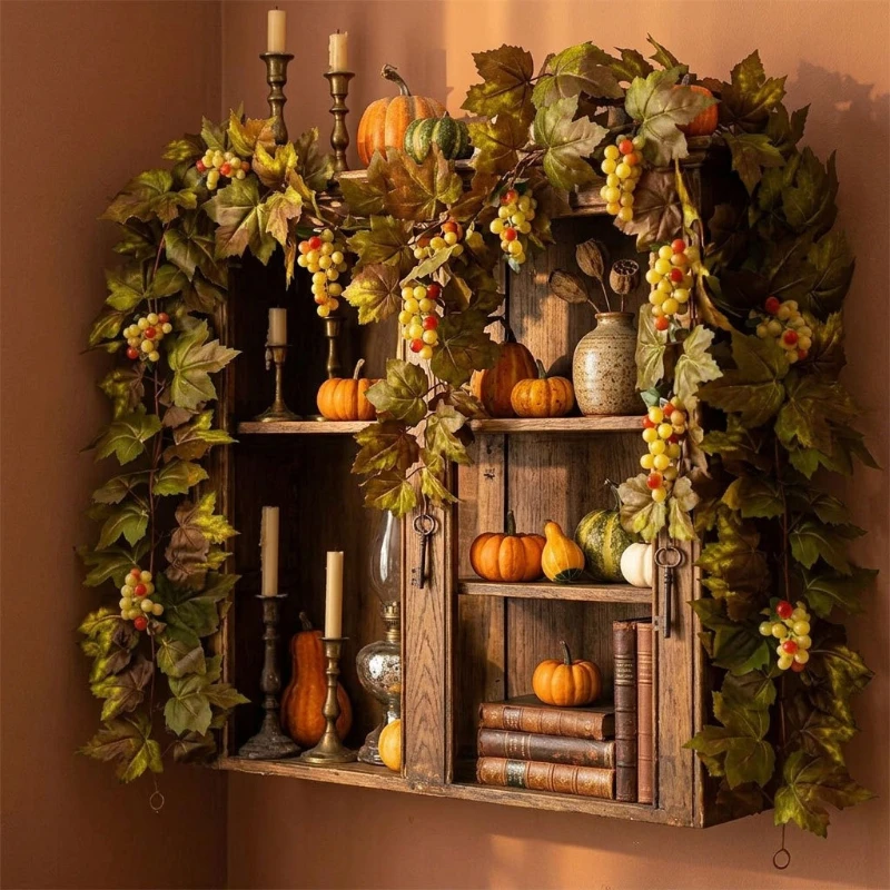 4pcs Artificial Grape Fruit Plant Wall Hanging 175cm Maple Leaf Vine Thanksgiving Decoration Simulation Green Plants Leaves
