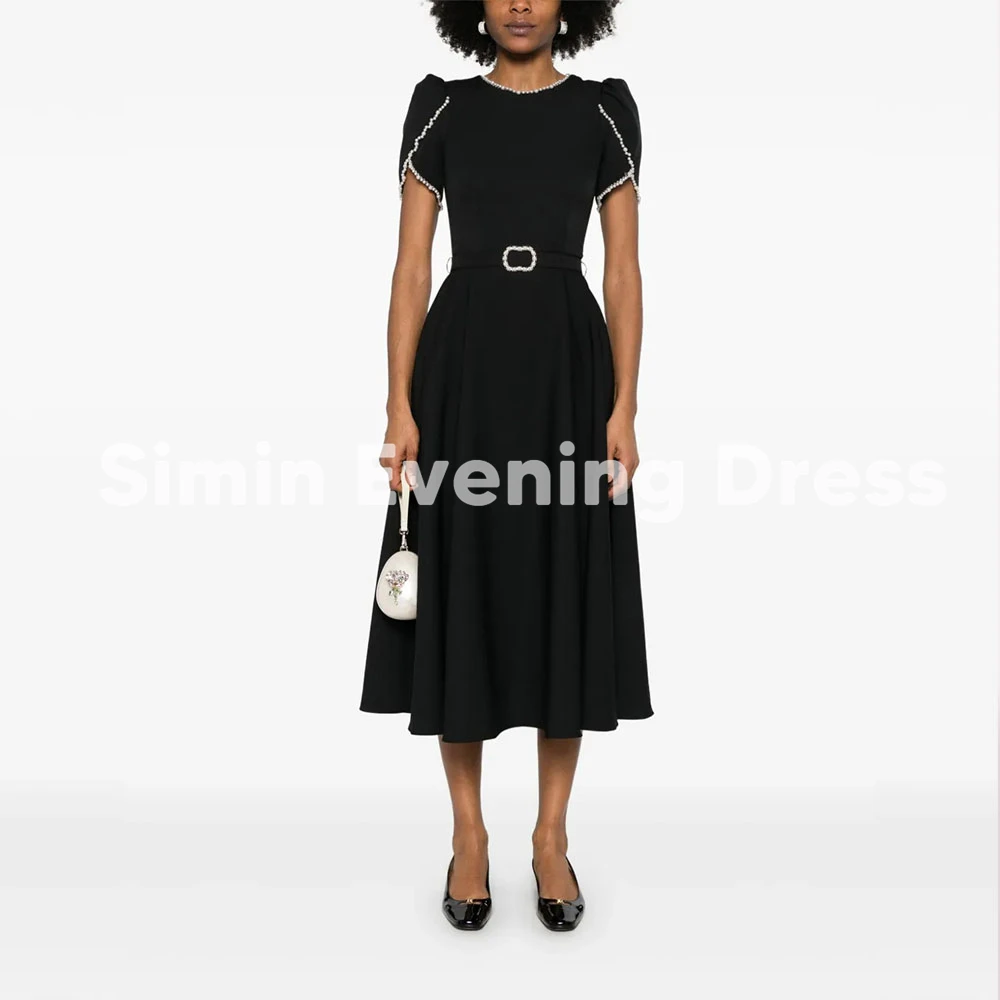 

Simin Women's O-neck Pearls A Line Sashes Simple Evening Dresses With Short Sleeves Tea-Length Formal Elegant Party Dresses 2025