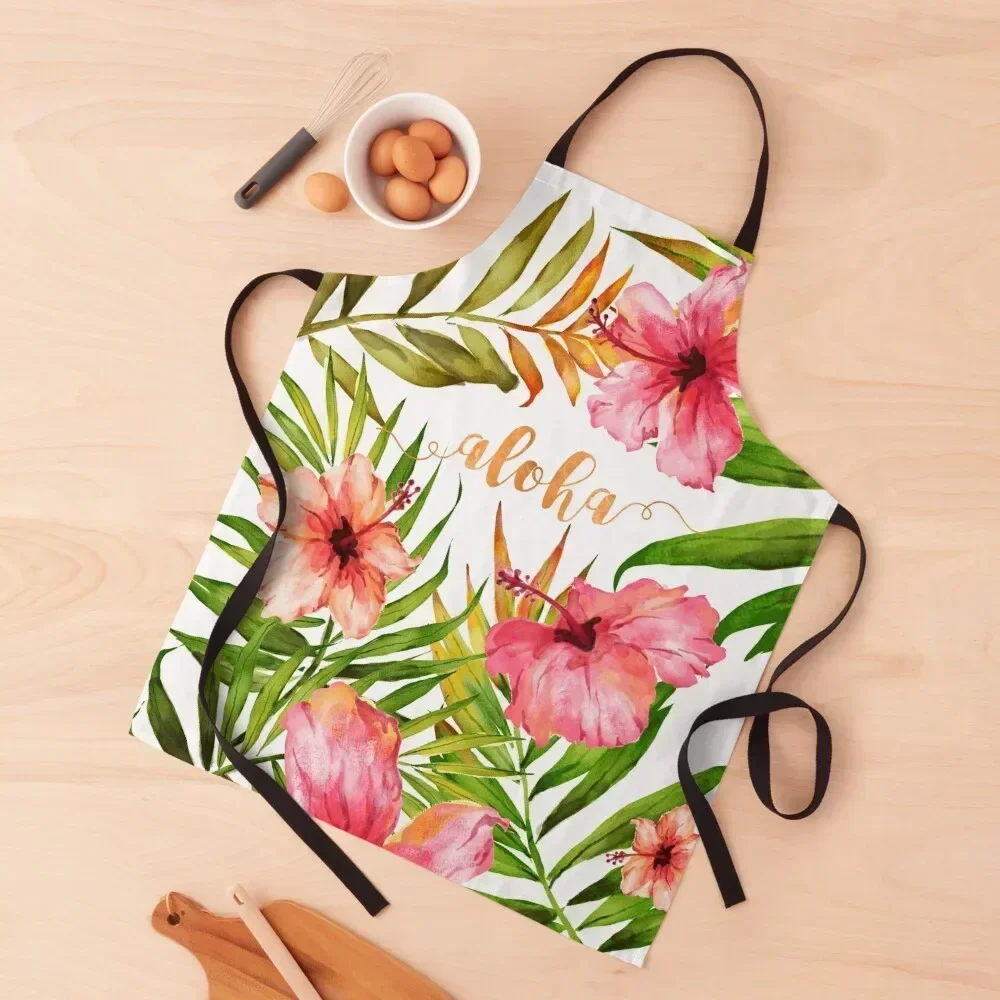 

Aloha Tropical Hawaiian Floral Watercolor Apron Waterproof women's kitchens manicurist Home Utensils Apron