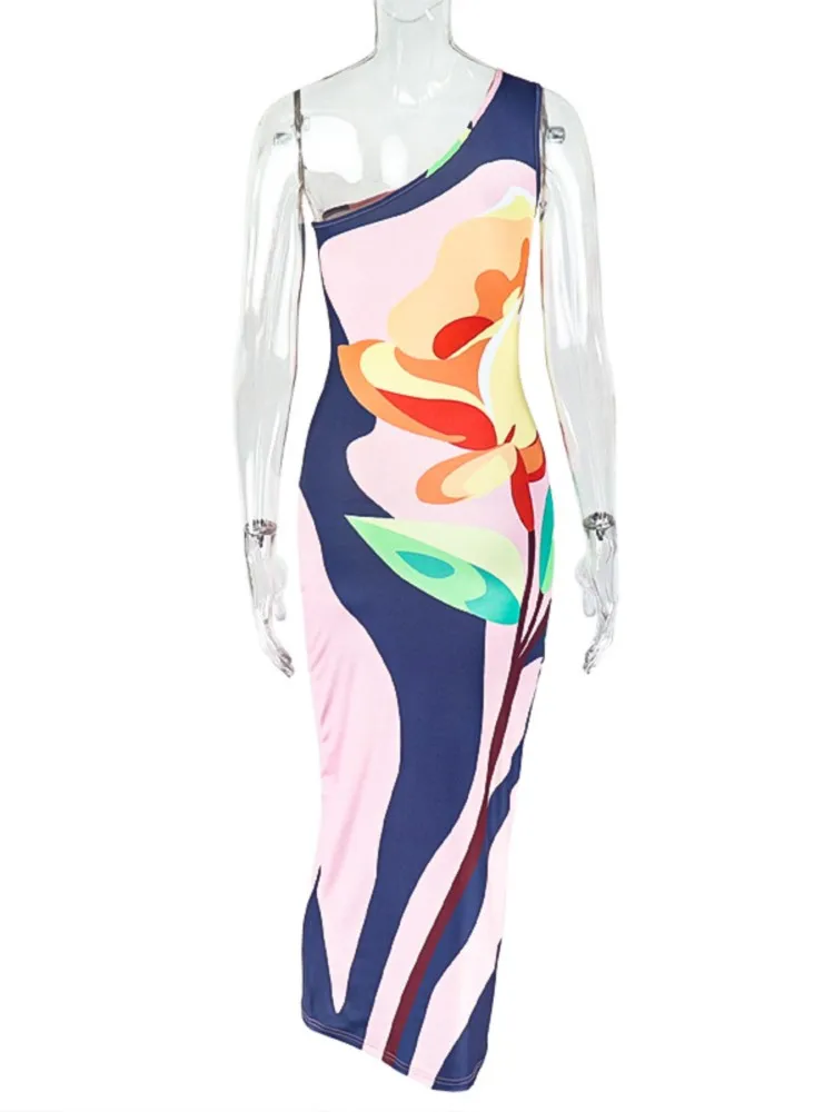 Women One Shoulder Dresses Sexy Fashion Backless Package Hip Bodycon Sleeveless Shoulder Dress Streetwear Party Club Vestidos