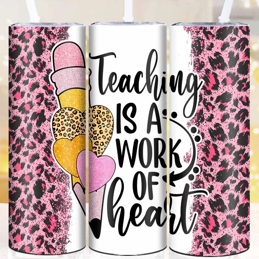 1Pc 3D Print Pink Leopard Print Party Festive Cups Straw Lid 20oz Stainless Straight Tumblers Teacher's Day Gifts Vacuum Cups