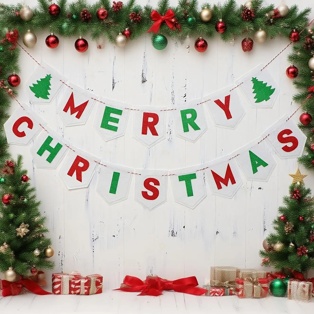 قطعتان من لافتة لباد عيد الميلاد، ديكور مدفأة الحائط باللون الأحمر والأخضر لحفلات العطلات