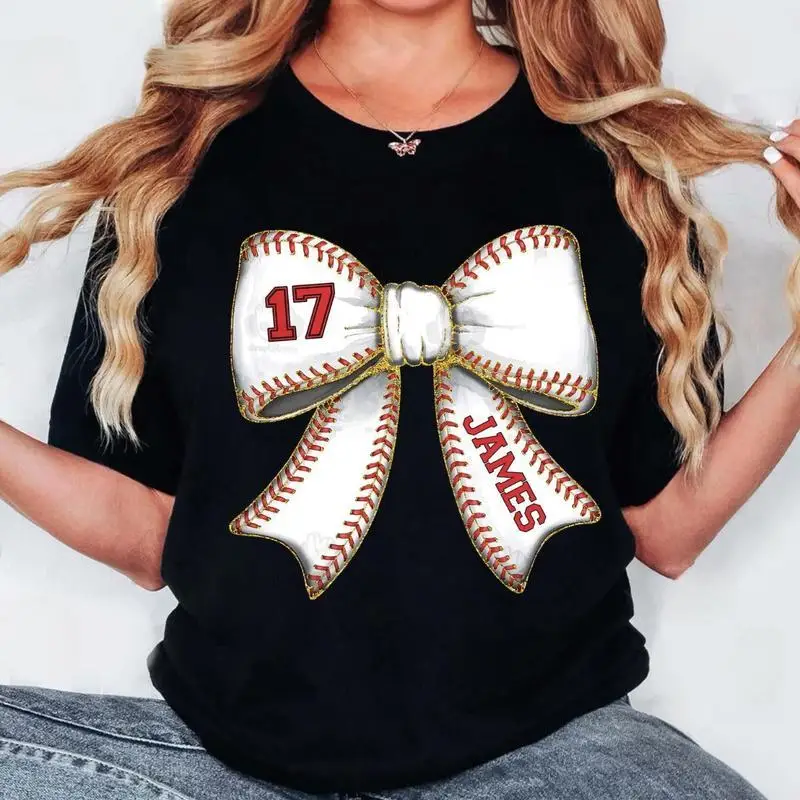 

Cute Personalized Baseball Mom T-shirt Bow Player Number Custom Graphic Tee Game Day Softball Fan Gift for Women Men