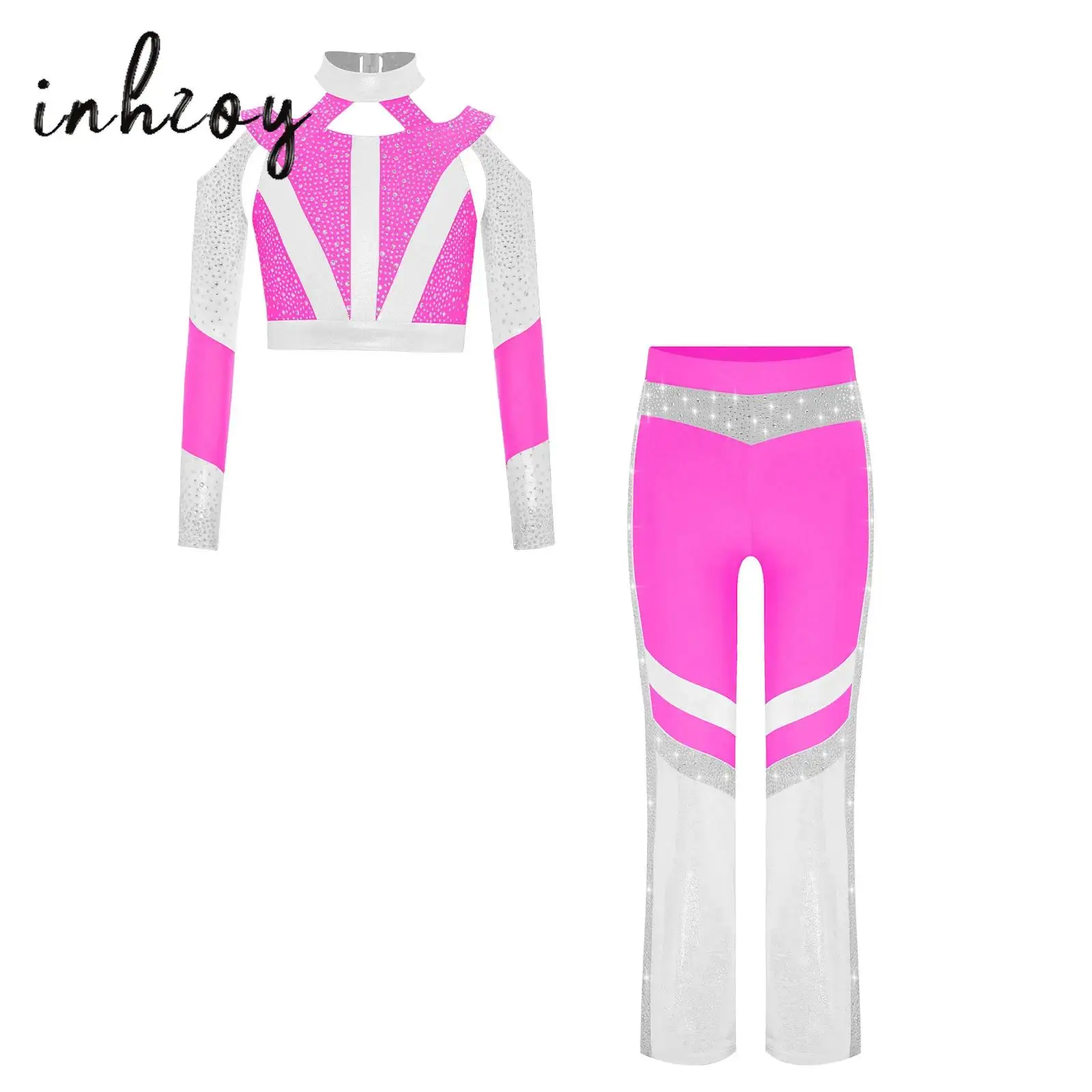 2Pcs/Set Kids Girls Gymnastics Acrobatics Dance Costumes Shiny Rhinestones Color Block Cross Back Cutout Crop Top+Flared Pants