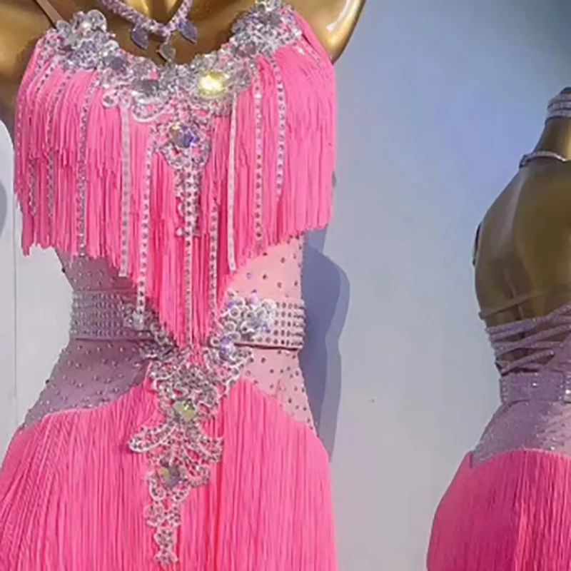 Latin Dance International Stage Diamond Women's Wear High end Customized Pink Tassel Strap American Samba Performance Dress