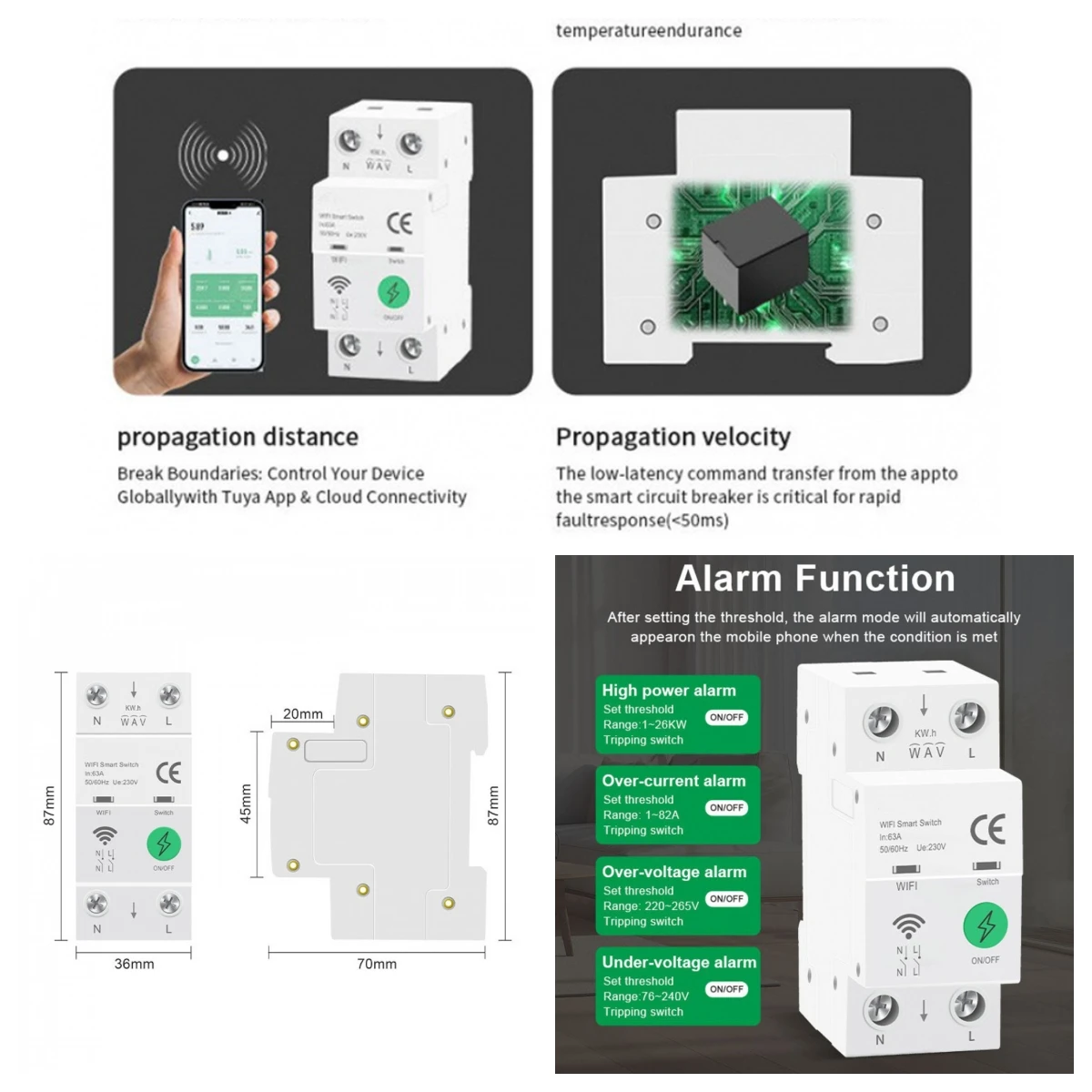 2P 63A Tuya WiFi Smart Circuit Breaker DIN Rail Overload Protection APP Remote Voice Control Timer Switch Works with Smart Life