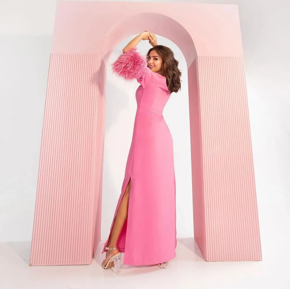 Pink Long Sleeves Prom Dress Feathers Square Neck Sexy Slit Formal Party Dress Evening Gown Arabic 2024vestidos de gala