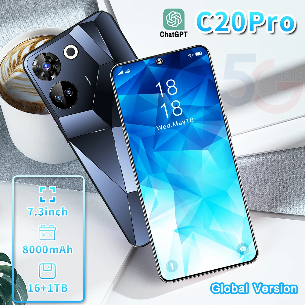 C20pro New smartphone 5G 7.3-inch high-definition Android 13 Snapdragon 8gen2 10core dual SIM phone 8000mAh unlocking phone