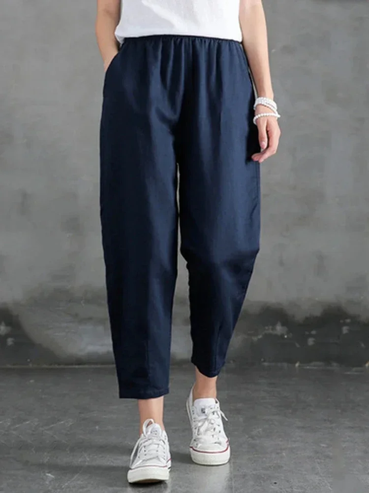 Pantaloni Harem da donna in cotone e lino di grandi dimensioni Pantaloni casual larghi in vita elastica Tinta unita Primavera Estate