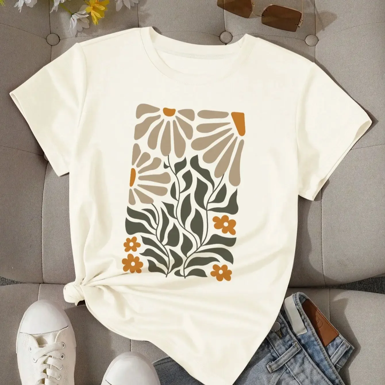 

Summer American Flowers Women Retro Printed T-shirt Fashionable Personalized Loose Ins Crew Neck Casual Street Half-sleeved Top