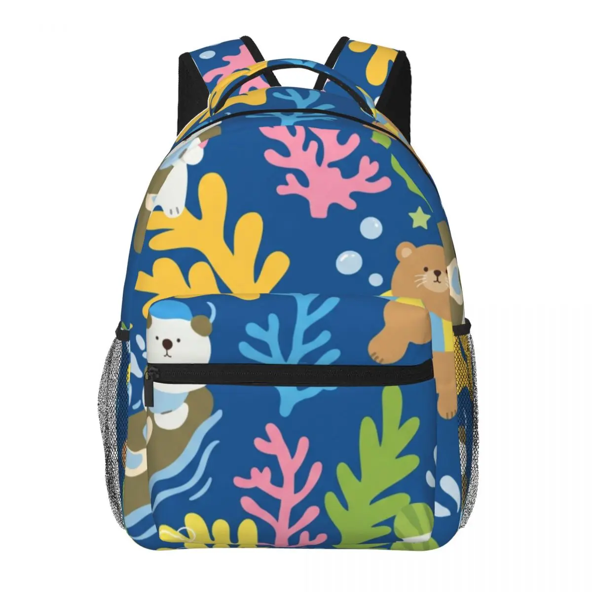 Cute School Backpack Tossed Bear Sea Whimsical Illustration Solid Blue Multi Color Lightweight Daypack for School Outdoor Custom