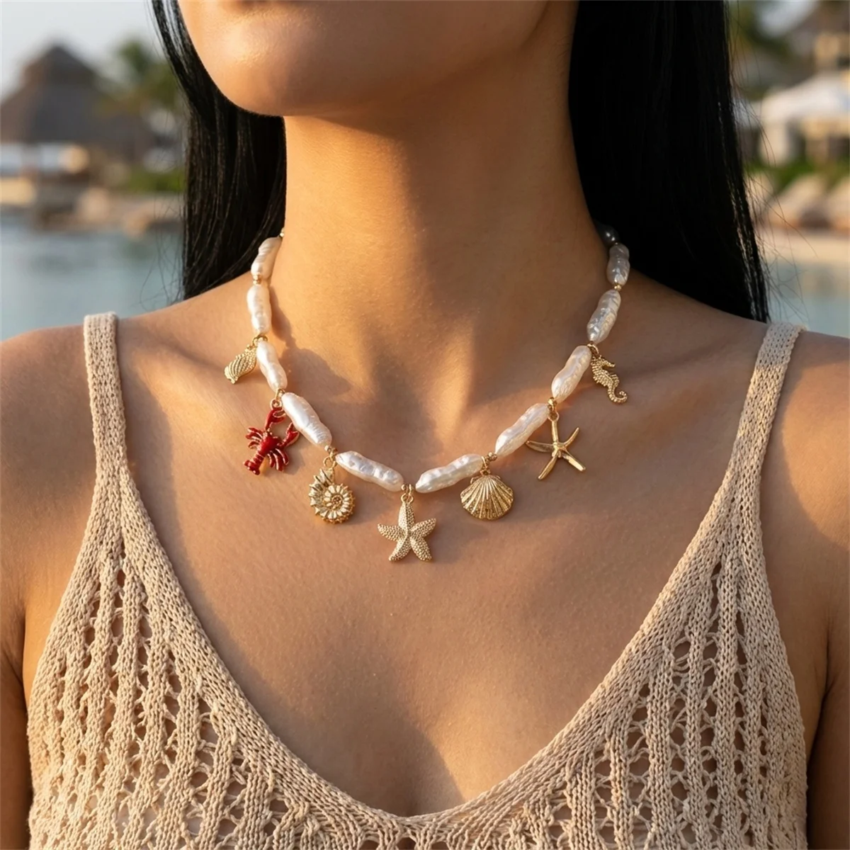 Boho Seestern Muschel Seepferdchen Hummer Anhänger Halskette für Damen und Herren, unregelmäßige Imitationsperle, Ozean-Strand-Choker-Schmuck – Detail 11
