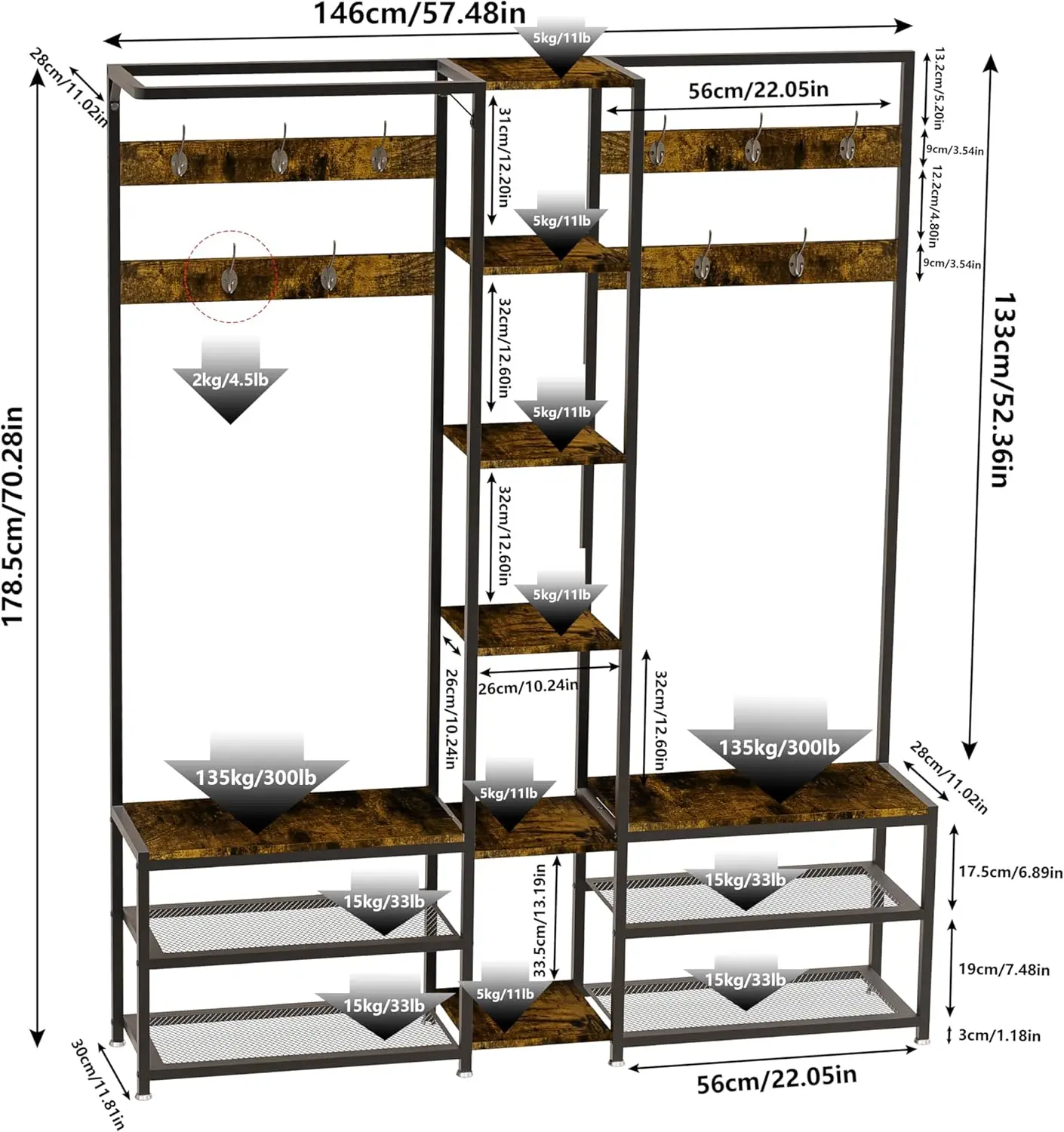 رف المعاطف مع مساحة تخزين الأحذية: حامل المعاطف مع مقعد الأحذية، شماعة ملابس قائمة بذاتها مع إطار معدني صناعي #5
