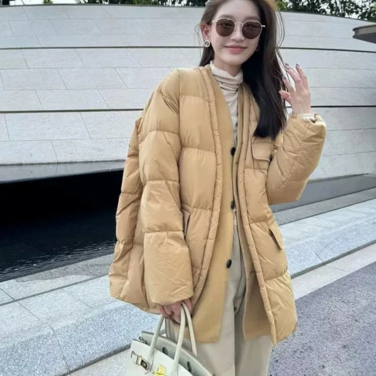 Live streaming product 2024 spring 90 white duck down jacket with patchwork woolen casual V-neck warm jacket for women