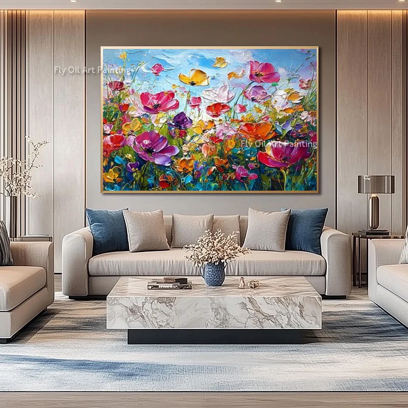 Large Bright Sky Knife Thick Canvas Floral Oil Painting Hand Painted Poppy Wildflower Field Artwork Home Decor Items