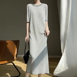 Round Neck Loose Striped Casual Ice Silk Dress French Fashion Ventilate Pullover Women's Summer Dress