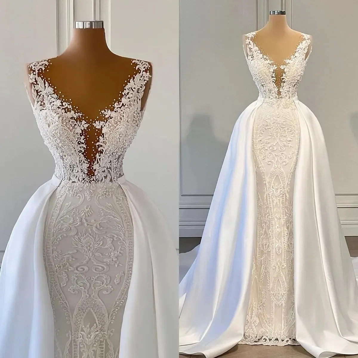 Customized Mermaid Lace Wedding Dresses With Detachable Train Beaded Applique Bridal Gowns Arabic Dubai