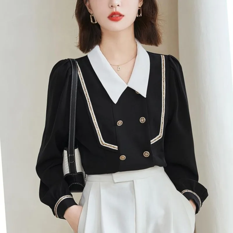 2024Women\'s Spring and Autumn New Fashion Elegant Doll Neck Spliced Button Korean Versatile Long Sleeve Chiffon Shirt Tops