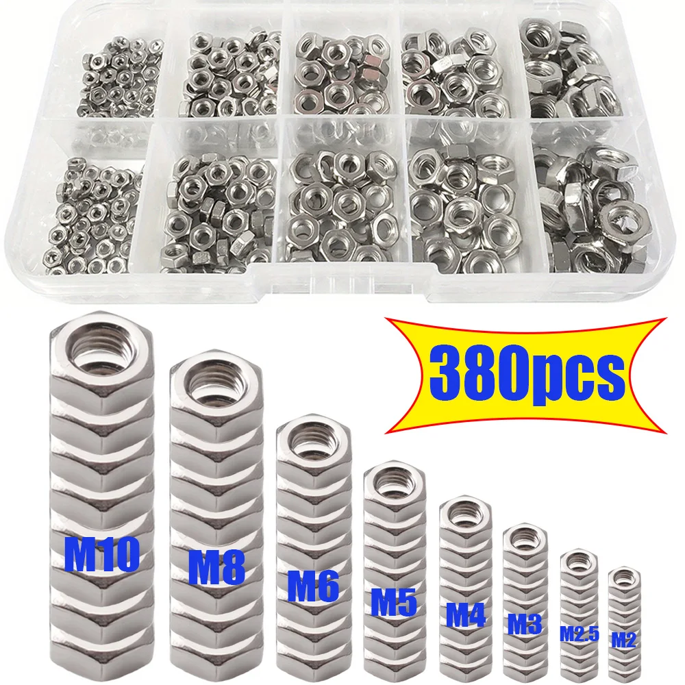 380-Piece M2-M10 Stainless Steel Hex Nut Assortment Kit, for Industrial Fittings,Home Repairs & Outdoor Construction Maintenance