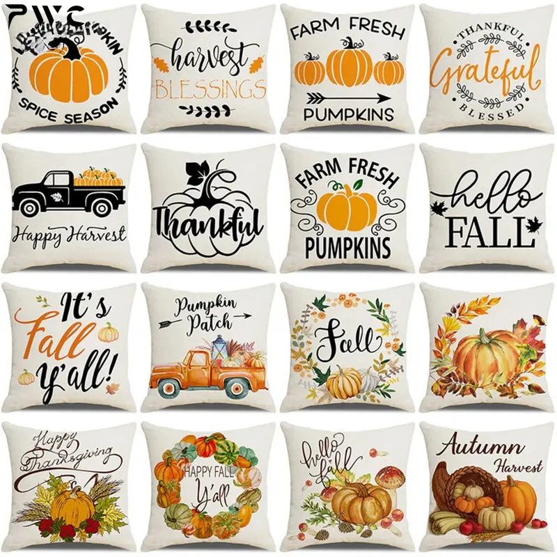 

Fall Pumpkin Cushion Covers 18x18 Inch Farmhouse Decor Thanksgiving Buffalo Check Linen Throw Pillow Covers Happy Thanksgiving