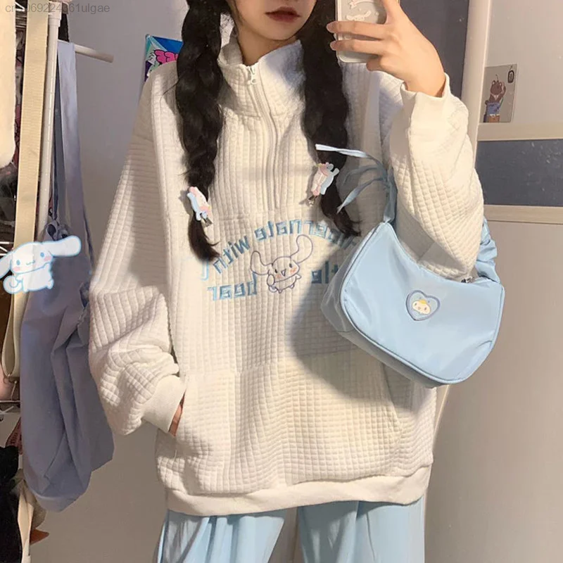 Sanrio Y2k Clothes Cartoon Cinnamoroll Embroidered Thin Waffle Pullover Kawaii Sweatshirts Women Tops Spring Long Sleeve Shirts