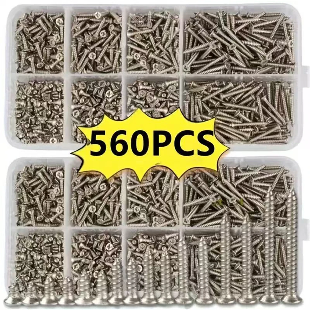 240-Piece Self-Tapping Wood Screw Set Box 8 Sizes M2 Flat Metal Screws Classification Kit for Home Improvement