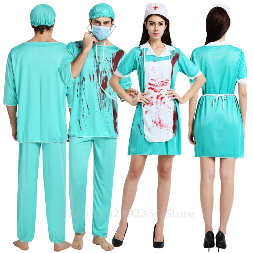 

Halloween Men Women Surgeon cosplay Costumes Scary Doctor Nurse Costume With False Blood For Halloween Adult Party