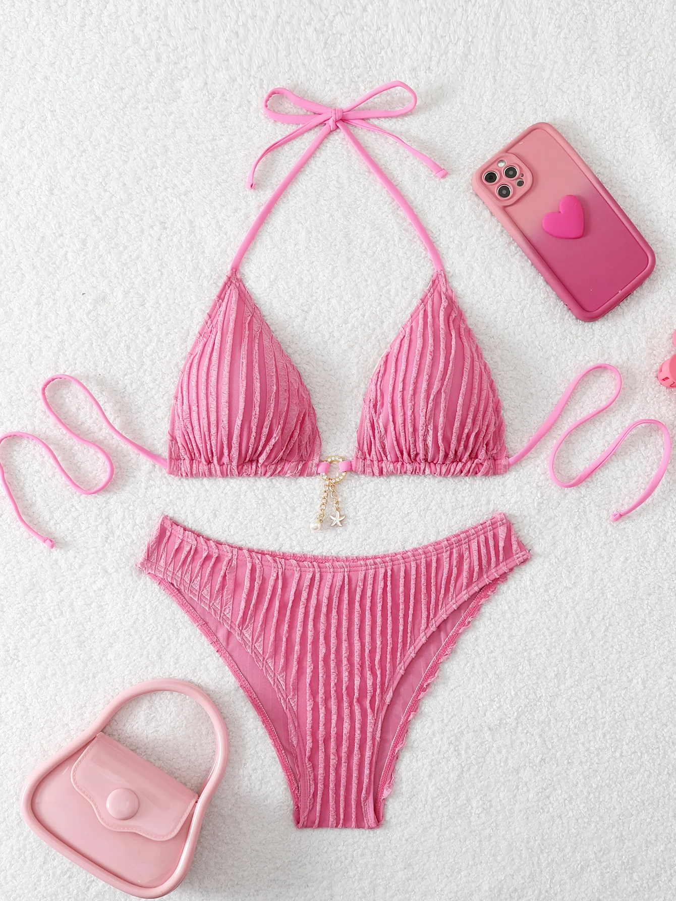 Triangle Halter String Bikinis 2026 Women Sexy Swimsuit Solid Ring Linked Swimwear Female Bathers Bathing Swimming Swim Suit