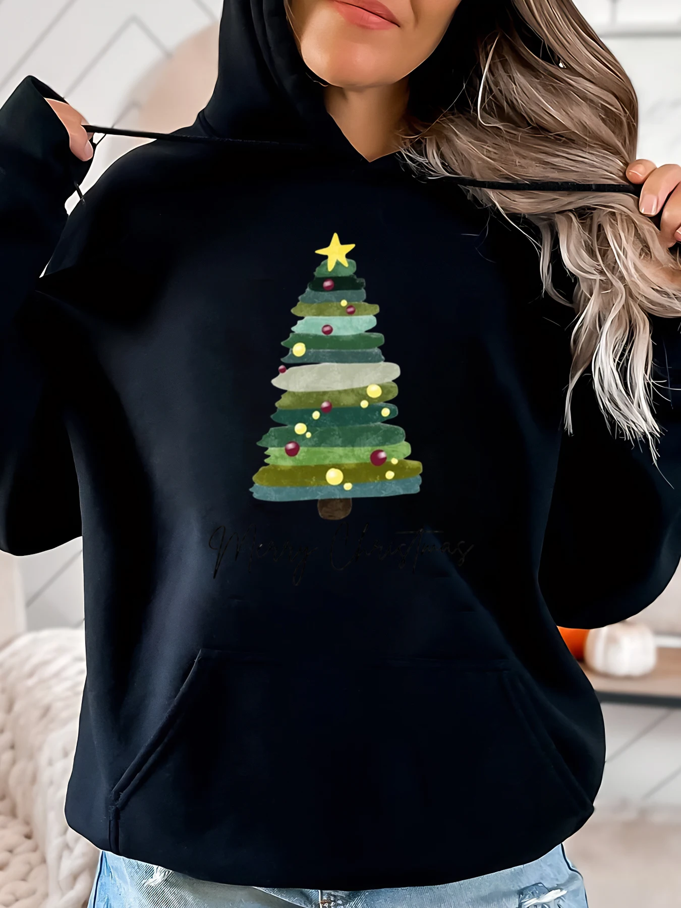 

Праздничная толстовка с принтом «Рождественская елка и Рождество», женская повседневная одежда, праздничный сезон, черная, больших размеров
