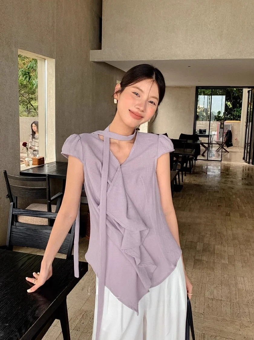 

Special Offer Linen irt with Sa Flng Sves V-Ne Lace Trim Irregular Design Versatile Top for Busin Commute