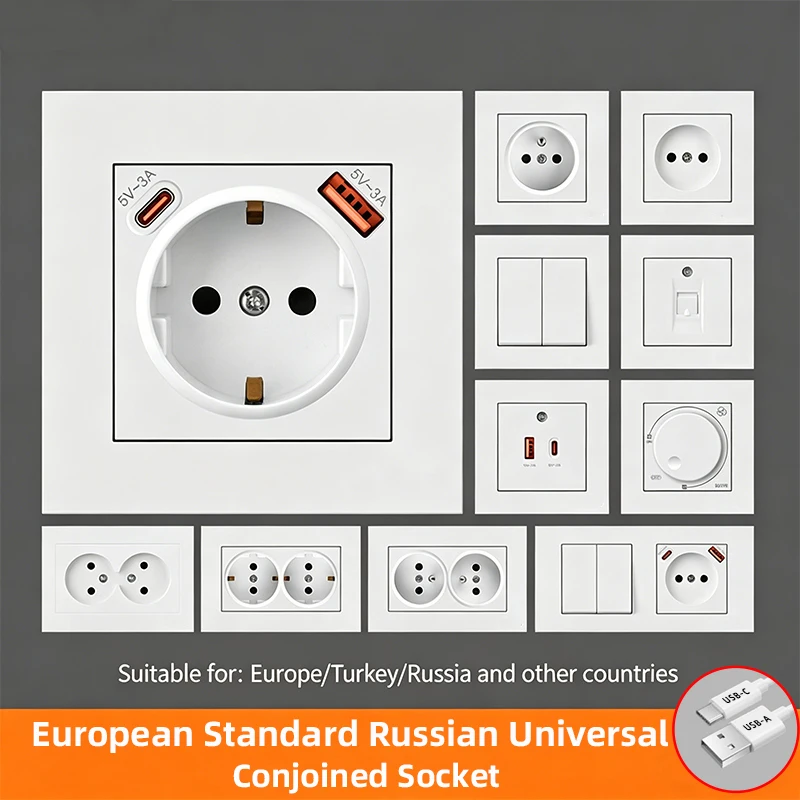 

EU French German 16A Wall Power Socket, Wall Light Switch Outlet with USB A+C Fast Charging, CE Certified for Russia Home